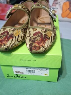 Sam Edelman Olive Floral Tapestry Mary Jane Flats with Crystal Buckle